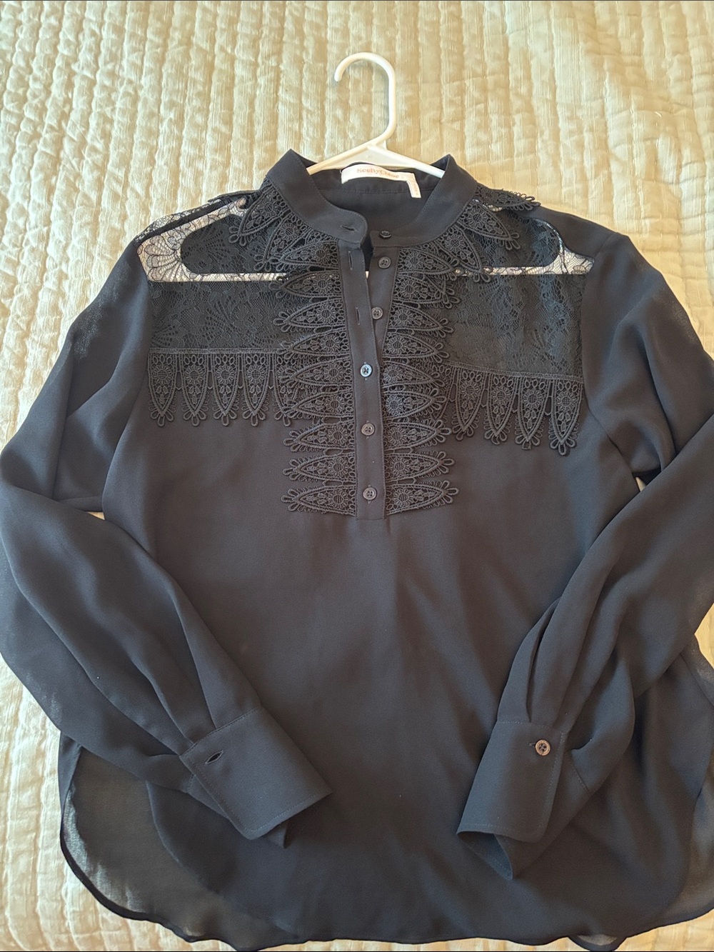See By Chloe Black Lace Yoke Long Sleeve Blouse
